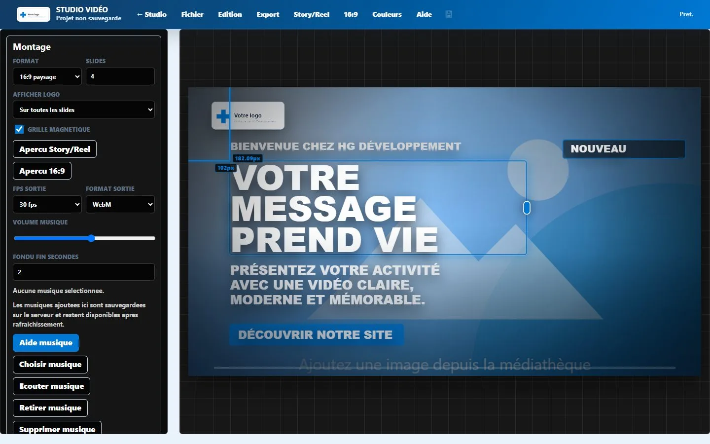 Capture de l’interface privée du Studio Vidéo & Flyer HG Développement